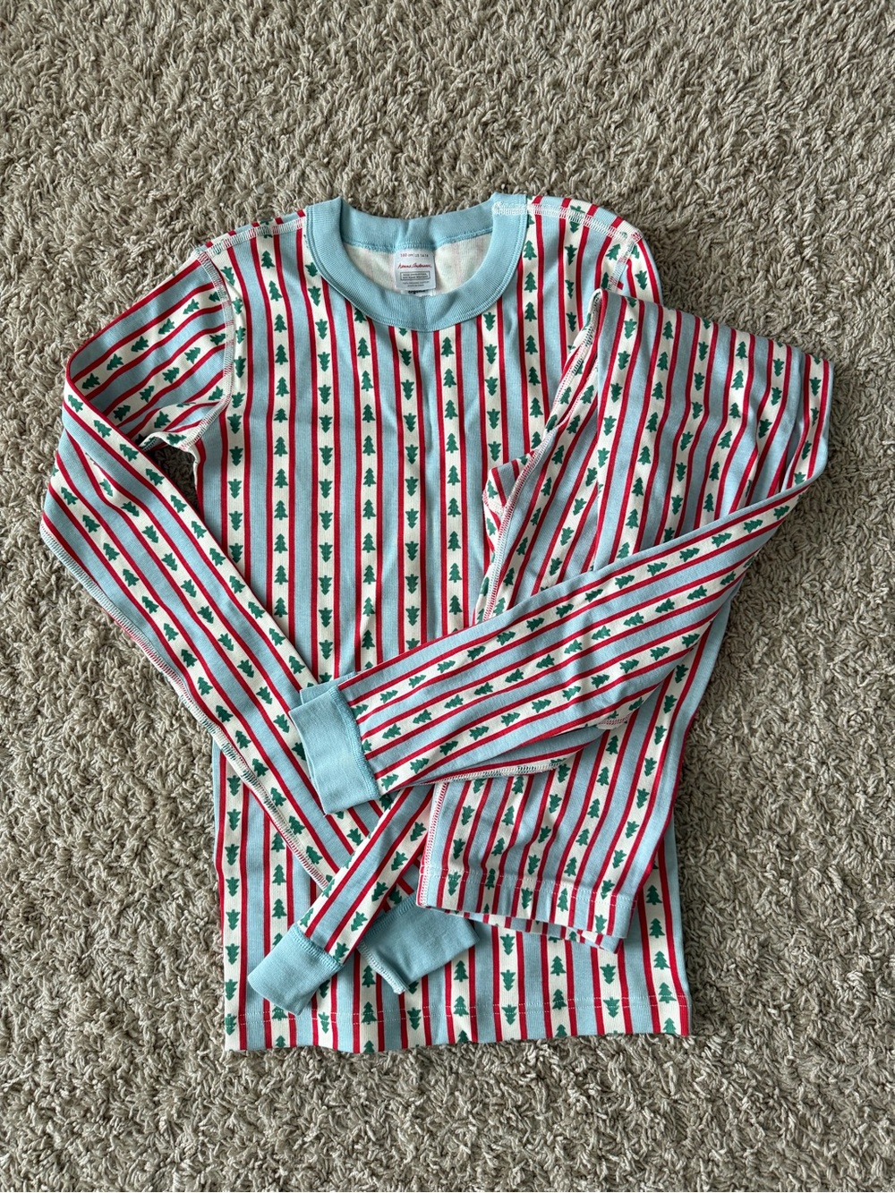 Kids Red & White Stripe Holiday Pajama Set with Green Tree Print